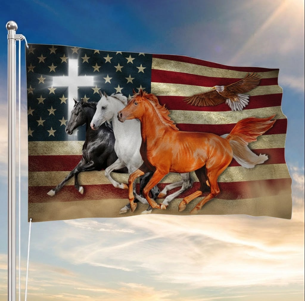 Horses American Flag Patriotic Grommet Flag Gift For Horse Lovers Western Decor Gift for Patriots