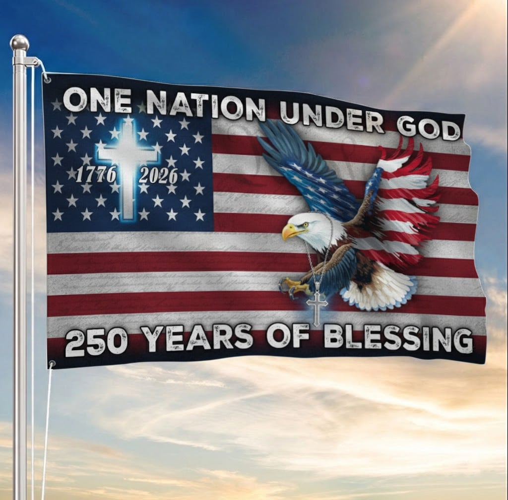 One Nation Under God Flag 250 Years Of Blessing Eagle Cross Christian Patriotic Decor