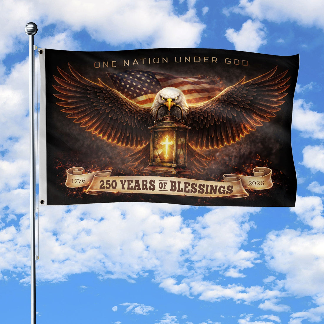 250th Anniversary Cross Flag 1776 2026 One Nation Under God USA Christian Patriotic