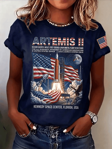 Retro Artemis II 2026 Rocket Launch T-Shirt American Flag NASA Moon Landing 2026 Clothes
