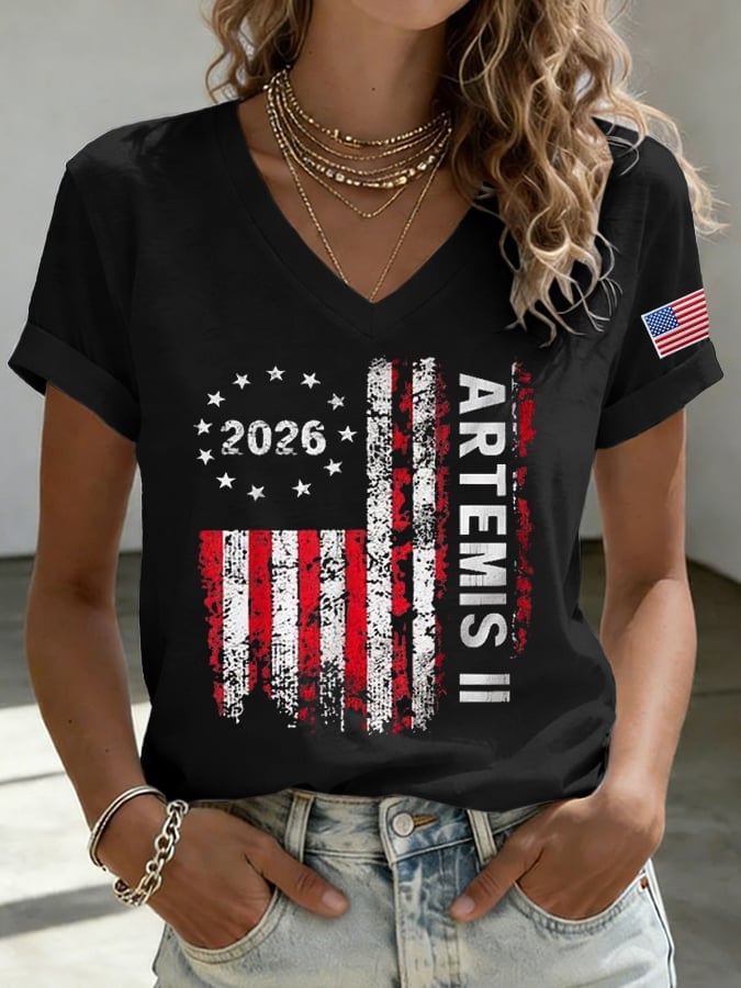 Artemis II Returns To The Moon V-Neck Shirt American Flag Apparel Gift For Mother