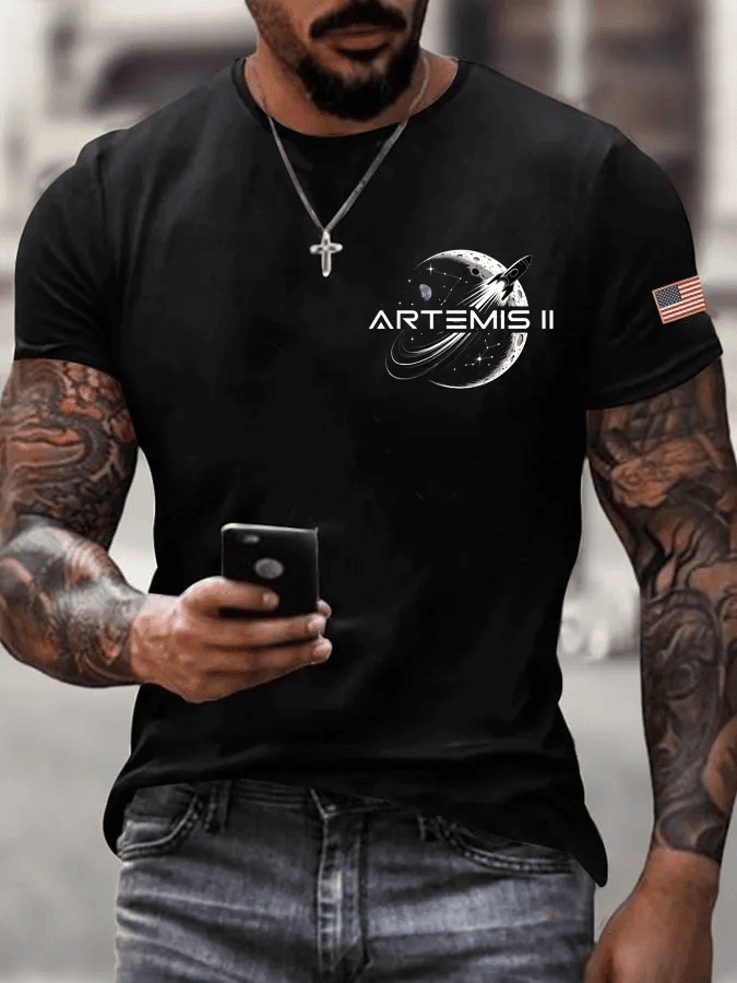 Artemis II Mission T-Shirt American Flag NASA Artemis Logo Tee Unique Gift For Father's Day