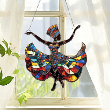Afrocentric Stained Glass Dancing Woman Suncatcher - Cultural Heritage Wall Art
