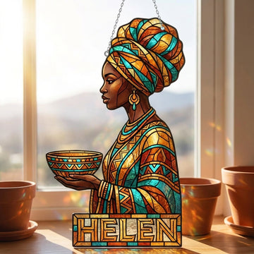 Personalized African Woman Stained Glass Suncatcher - Custom Name Afrocentric Decor
