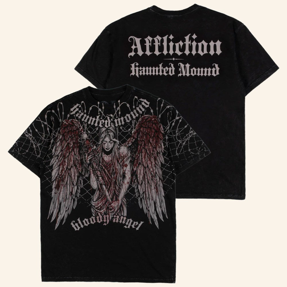 Affliction X Haunted Mound Merch HM Bloody Angel T-Shirt Gift Ideas For Hip Hop Lovers - Roseregae