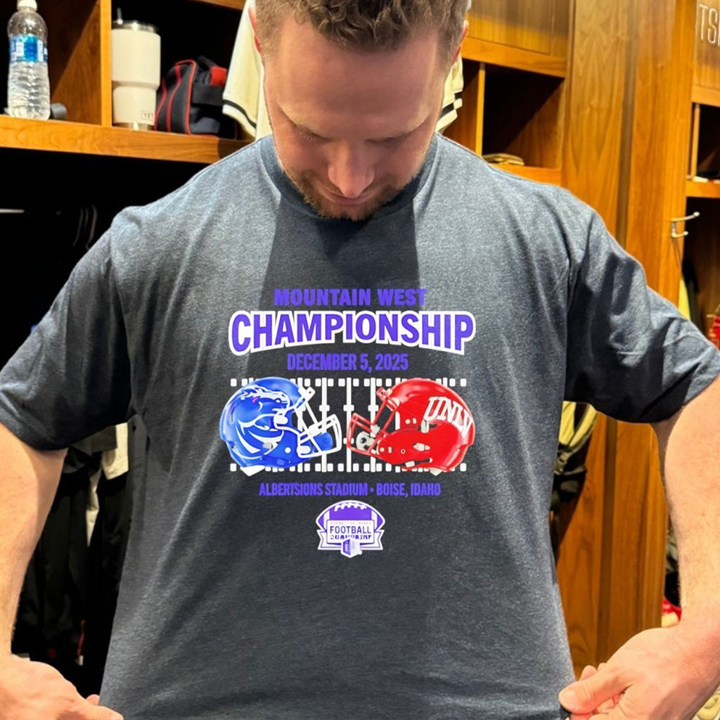 Boise State Vs Unlv 2025 Mountain West Championship Mens Dueling Helmet T Shirt - Roseregae