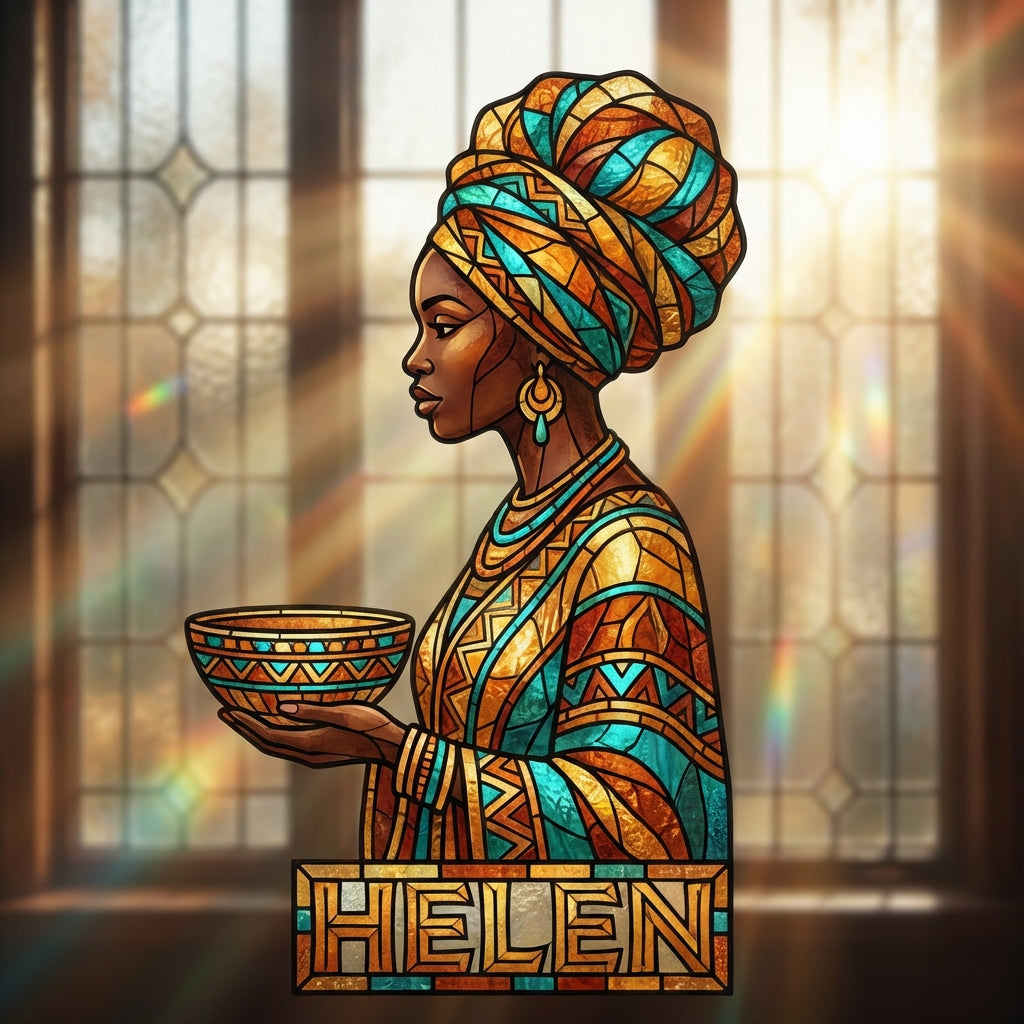 Personalized African Woman Stained Glass Suncatcher - Custom Name Afrocentric Decor