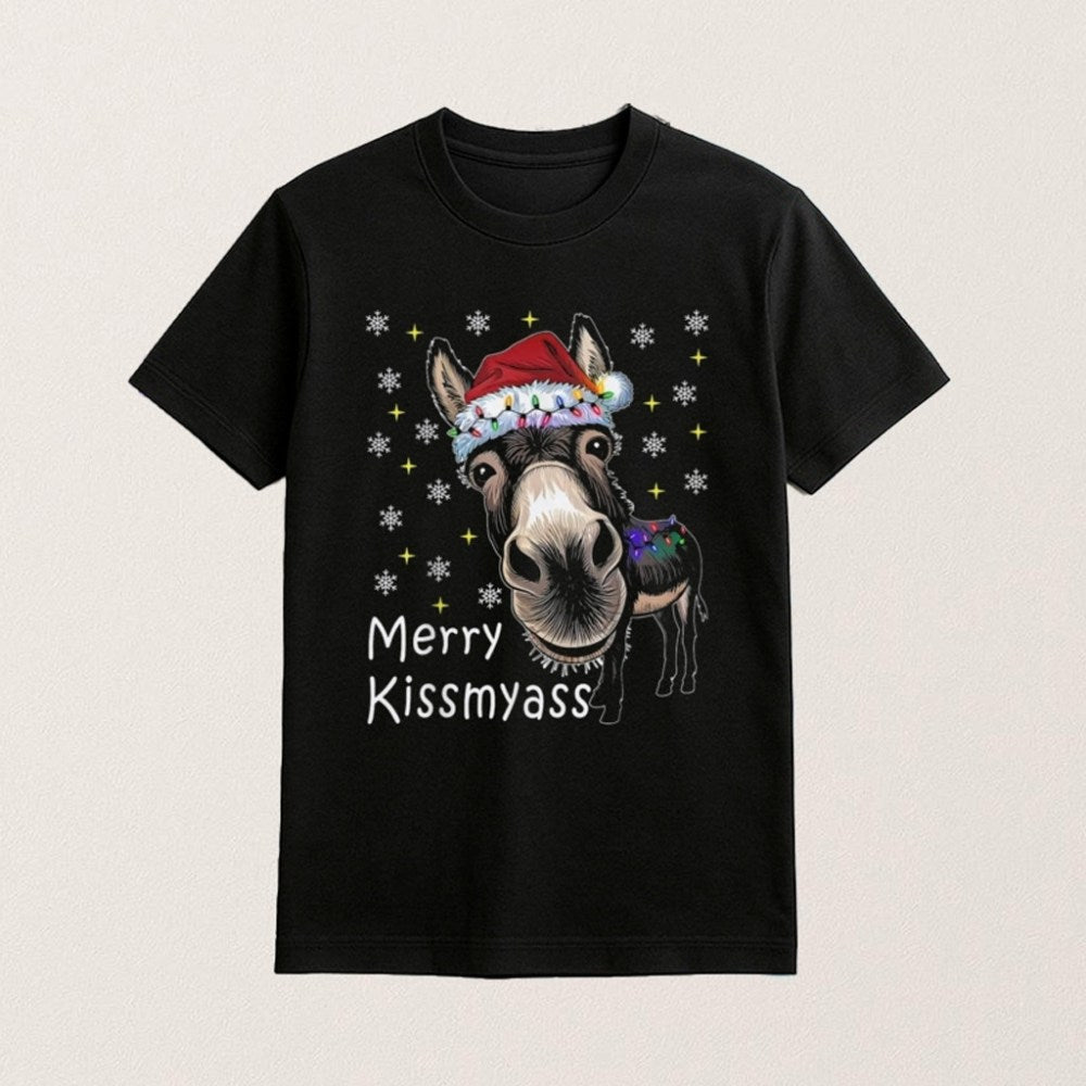 Donkey Santa Hat Merry Kissmyass T-Shirt Funny Apparel Christmas Gifts For Friends - Roseregae