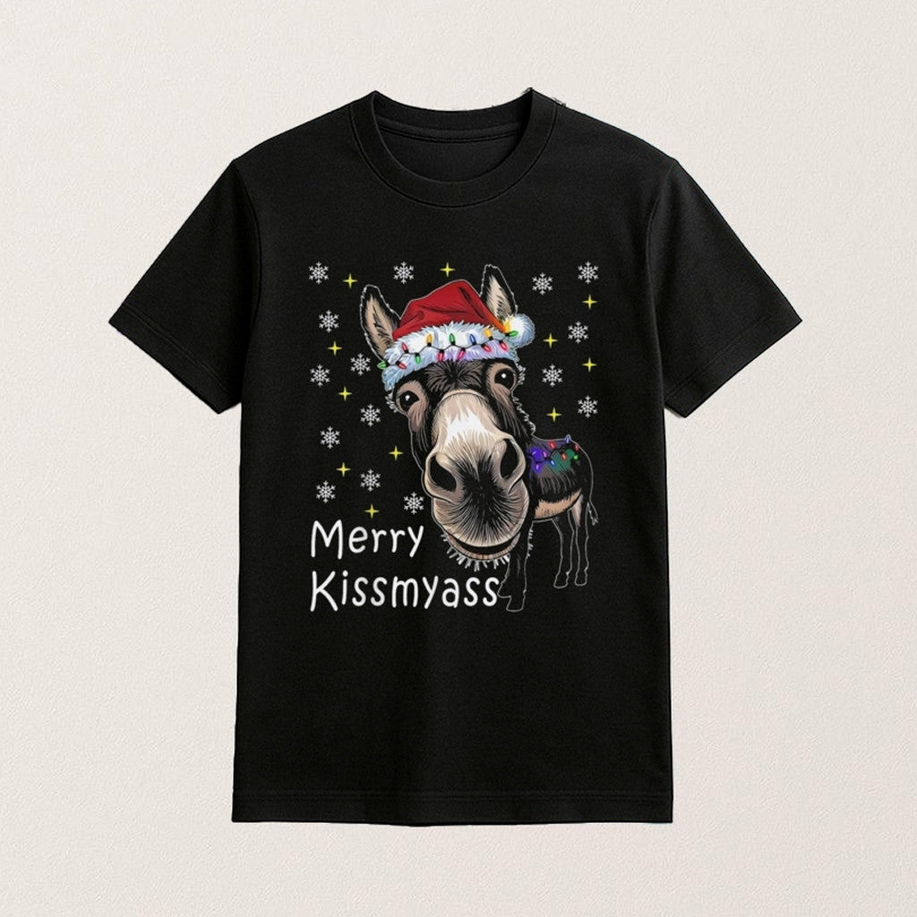 Donkey Santa Hat Merry Kissmyass T-Shirt Funny Apparel Christmas Gifts For Friends - Roseregae