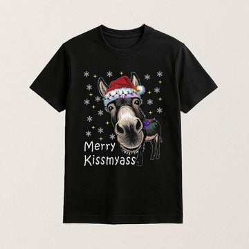 Donkey Santa Hat Merry Kissmyass T-Shirt Funny Apparel Christmas Gifts For Friends - Roseregae
