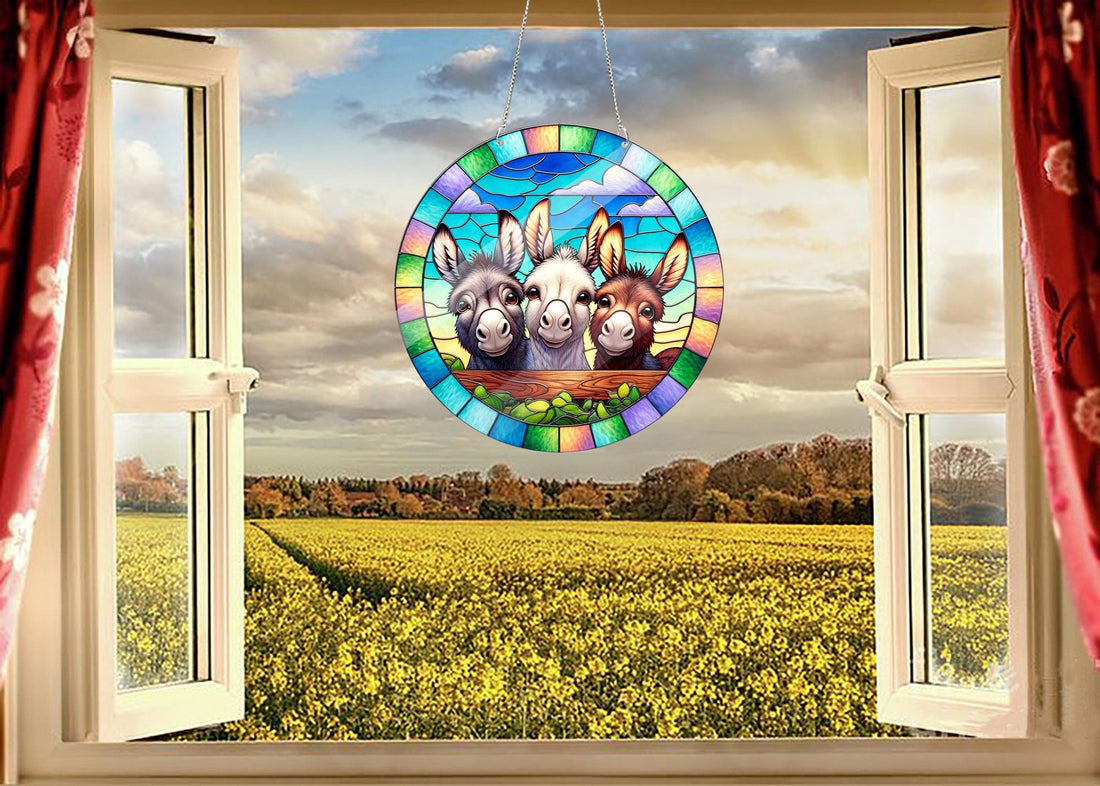 3 peeking donkeys ACRYLIC window hanging, Farmhouse Window Hangings, Donkey lovers gift, Housewarming gift, not suncatcher