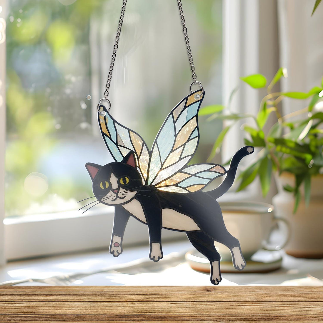 Tuxedo Cat Fairy Acrylic Suncatcher, Cat Lover Gift, Whimsical Cat Window Hanging, Magical Cat Decor, Fairy Cat Ornament
