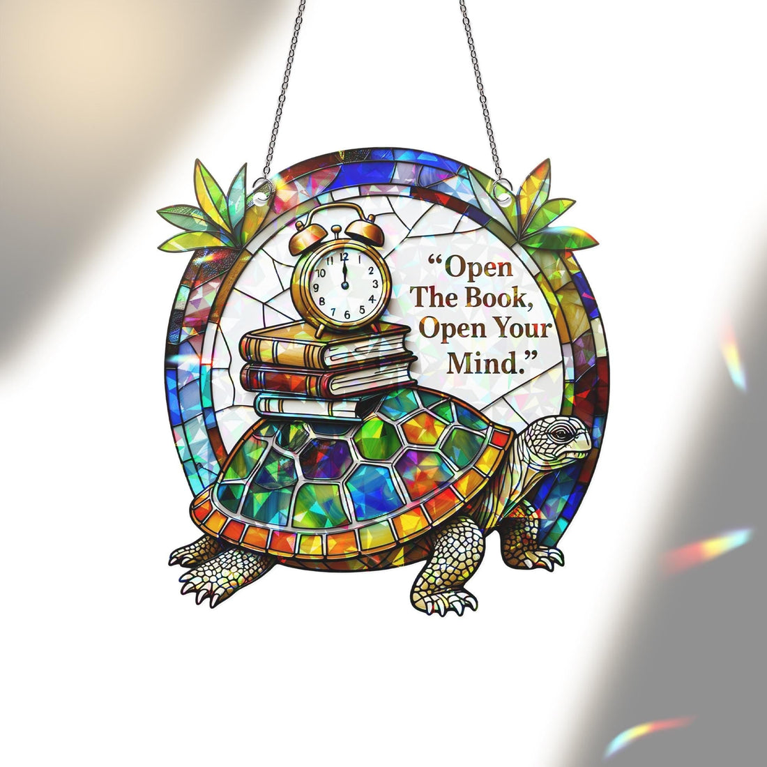 Turtle Book Lover Suncatcher, "Open The Book Open Your Mind" Acrylic Window Hanging Ornament, Reading Gift Decor, Book Lover Gift, Book Club
