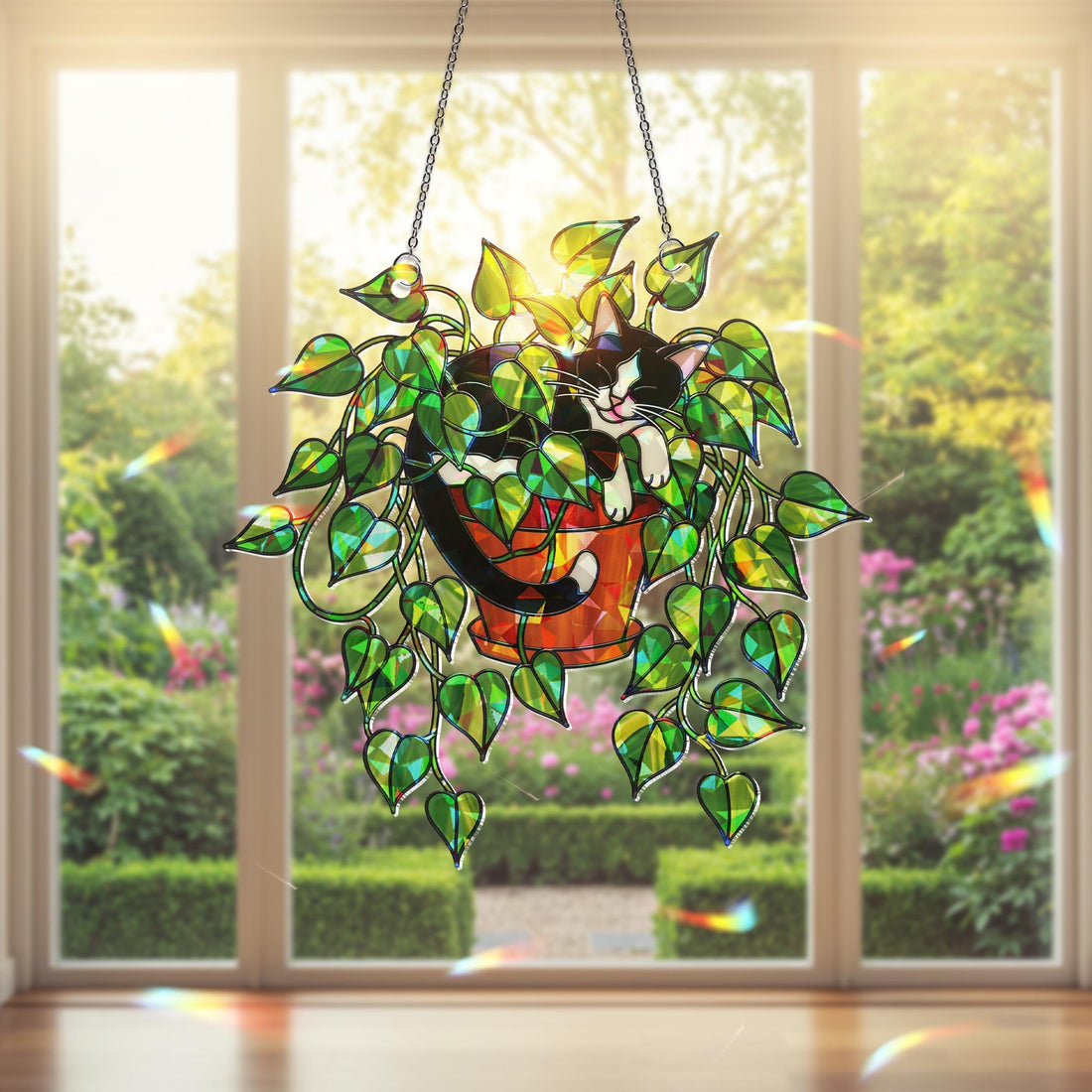 Tuxedo Cat in Pothos Plant Suncatcher, Holographic Acrylic Window Decor, Cute Plant Cat Sun Catcher, Rainbow Gift for Cat and Plant Lovers