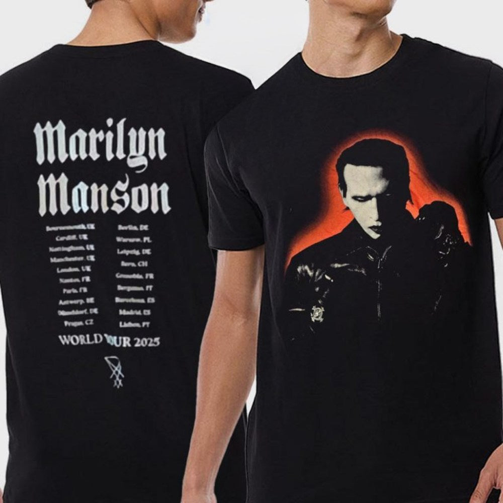 Marilyn Manson Merch World Tour Dates 2025 EU UK Portrait T-Shirt Presents For Rock Lovers - Roseregae
