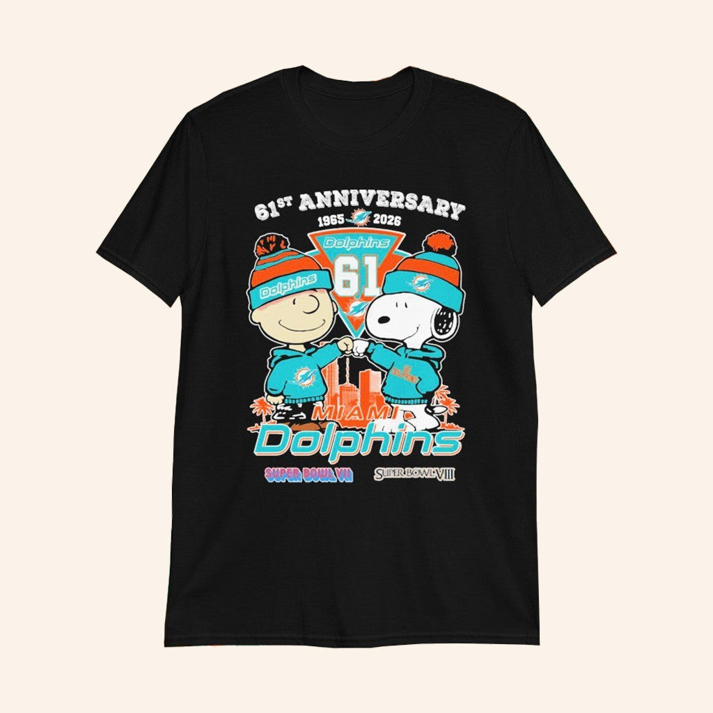 Snoopy And Charlie Brown The Peanuts Miami Dolphins 61Th Anniversary 1965 2026 Super Bowl T Shirts - Roseregae
